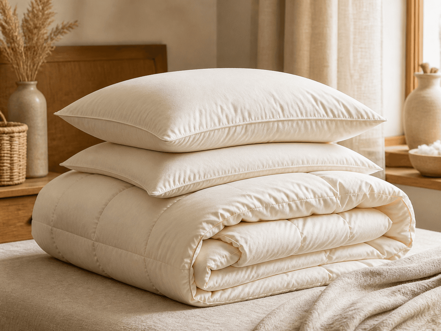 Couette naturelle et oreillers en plumes dans une chambre chaleureuse